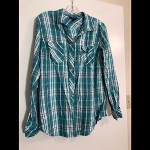 Teal Blue Plaid Shirt with snap buttons